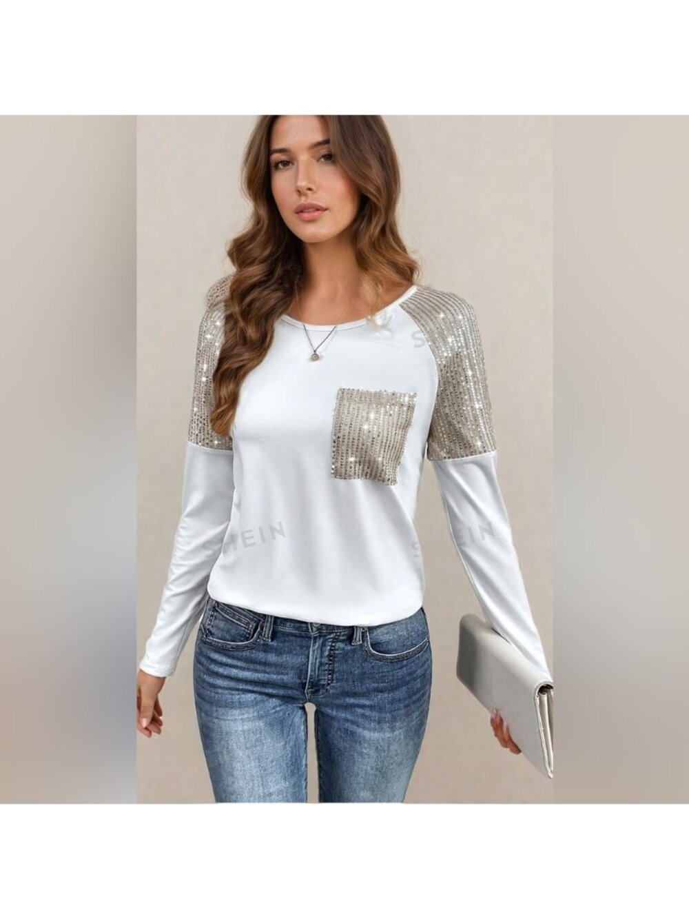 White/Gold Sequin-Embellished Raglan Sleeve Tee